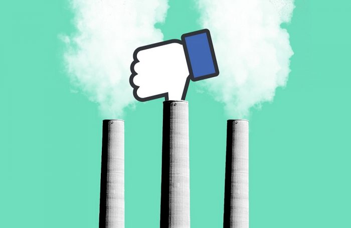 Il social network Facebook tappa con il suo "pollice" il fumo dalle ciminiere, a simboleggiare l'impegno a ridurre le sue emissioni e ad incrementare il suo utilizzo di energia verde.