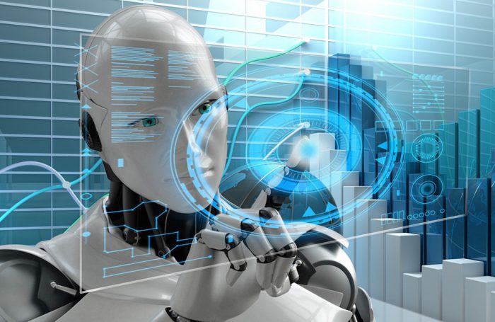 Un robot clicca con un dito su uno schermo tridimensionale