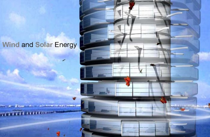 Le pale eoliche che, insieme ai pannelli solari, alimentano la Dynamic Tower